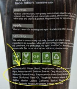 skincare label showing ingredients